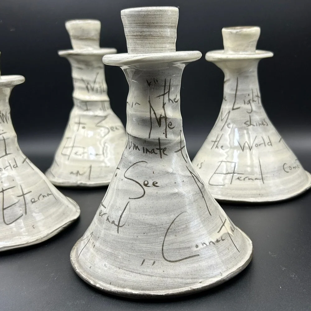 Set of 4 Large ZPOTS Noelle VanHendrick Ceramic Poetry Candlesticks Signed NP